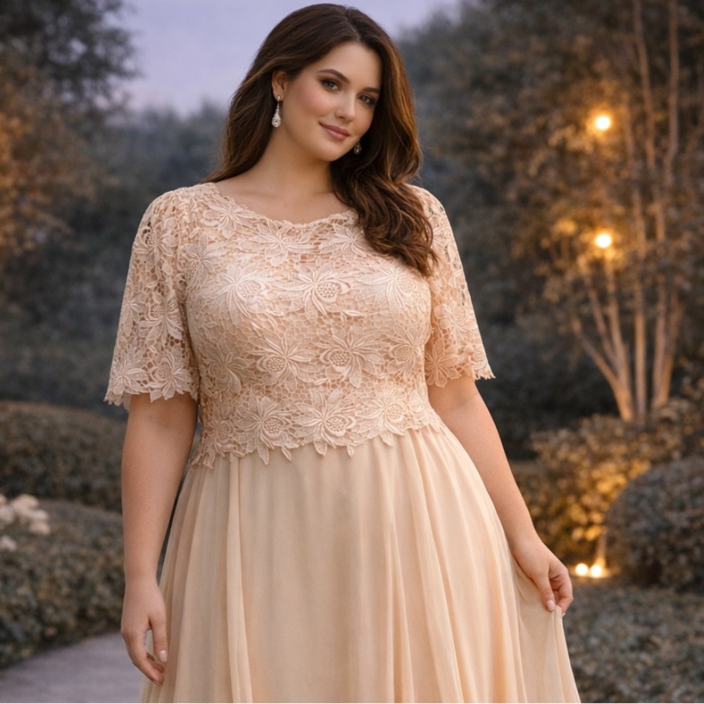 Plus Size Lace Bodice elbow length sleeve Maxi Dress in Blush Peach - Picture 9 of 9